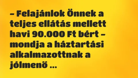 Vicc: – Felajánlok Önnek a teljes ellátás mellett havi 90.000 Ft bért -… Vicc: – Felajánlok Önnek a teljes ellátás mellett havi 90.000 Ft bért -…