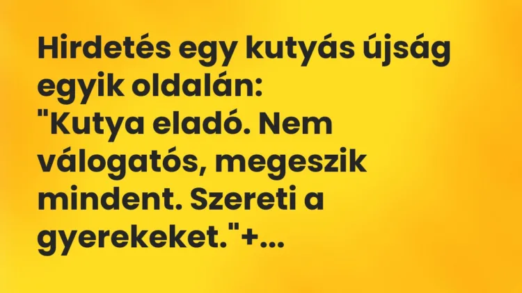 Vicc: Hirdetés egy kutyás újság egyik oldalán:
“Kutya eladó. Nem… Vicc: Hirdetés egy kutyás újság egyik oldalán:
“Kutya eladó. Nem…