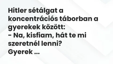 Vicc: Hitler sétálgat a koncentrációs táborban a gyerekek között:
– Na,… Vicc: Hitler sétálgat a koncentrációs táborban a gyerekek között:
– Na,…