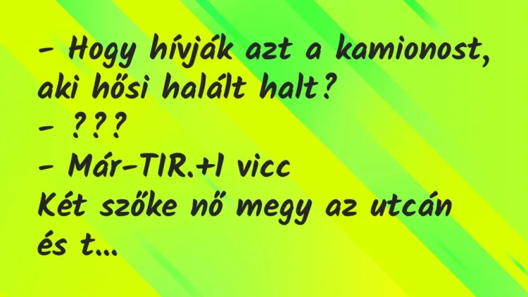 Vicc: – Hogy hívják azt a kamionost, aki hősi halált halt?
– ???
-… Vicc: – Hogy hívják azt a kamionost, aki hősi halált halt?
– ???
-…