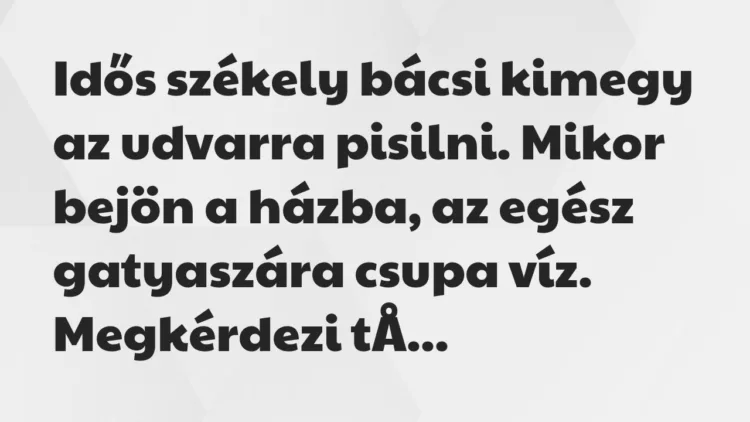 Vicc: Idős székely bácsi kimegy az udvarra pisilni. Mikor bejön a házba, az… Vicc: Idős székely bácsi kimegy az udvarra pisilni. Mikor bejön a házba, az…