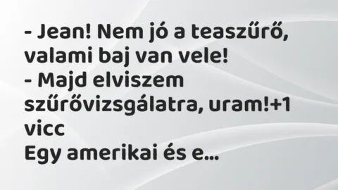 Vicc: – Jean! Nem jó a teaszűrő, valami baj van vele!
– Majd elviszem… Vicc: – Jean! Nem jó a teaszűrő, valami baj van vele!
– Majd elviszem…