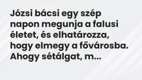 Vicc: Józsi bácsi egy szép napon megunja a falusi életet, és elhatározza, hogy elmegy… Vicc: Józsi bácsi egy szép napon megunja a falusi életet, és elhatározza, hogy elmegy…