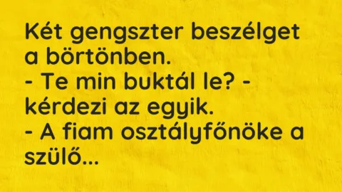 Vicc: Két gengszter beszélget a börtönben.
– Te min buktál le? -… Vicc: Két gengszter beszélget a börtönben.
– Te min buktál le? -…