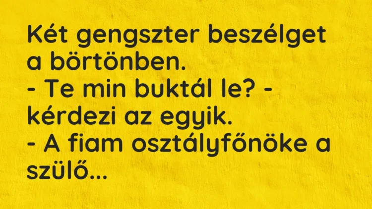 Vicc: Két gengszter beszélget a börtönben.
– Te min buktál le? -… Vicc: Két gengszter beszélget a börtönben.
– Te min buktál le? -…