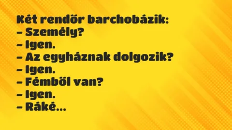 Vicc: Két rendőr barchobázik:
– Személy?
– Igen.
– Az… Vicc: Két rendőr barchobázik:
– Személy?
– Igen.
– Az…