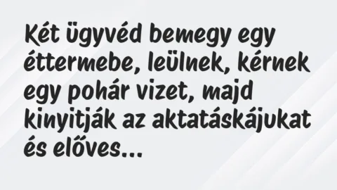 Vicc: Két ügyvéd bemegy egy éttermebe, leülnek, kérnek egy pohár vizet, majd… Vicc: Két ügyvéd bemegy egy éttermebe, leülnek, kérnek egy pohár vizet, majd…