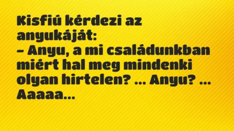 Vicc: Kisfiú kérdezi az anyukáját:

– Anyu, a mi családunkban miért hal…