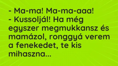 Vicc: – Ma-ma! Ma-ma-aaa!
– Kussoljál! Ha még egyszer megmukkansz és… Vicc: – Ma-ma! Ma-ma-aaa!
– Kussoljál! Ha még egyszer megmukkansz és…