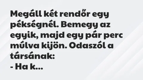Vicc: Megáll két rendőr egy pékségnél. Bemegy az egyik, majd egy pár perc… Vicc: Megáll két rendőr egy pékségnél. Bemegy az egyik, majd egy pár perc…