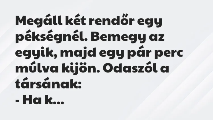 Vicc: Megáll két rendőr egy pékségnél. Bemegy az egyik, majd egy pár perc… Vicc: Megáll két rendőr egy pékségnél. Bemegy az egyik, majd egy pár perc…