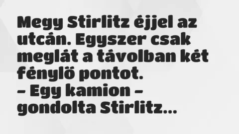 Vicc: Megy Stirlitz éjjel az utcán. Egyszer csak meglát a távolban két…