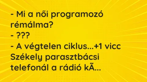 Vicc: – Mi a női programozó rémálma?
– ???
– A végtelen ciklus… Vicc: – Mi a női programozó rémálma?
– ???
– A végtelen ciklus…