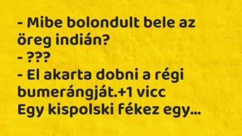 Vicc: – Mibe bolondult bele az öreg indián?
– ???
– El akarta… Vicc: – Mibe bolondult bele az öreg indián?
– ???
– El akarta…