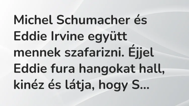 Vicc: Michel Schumacher és Eddie Irvine együtt mennek szafarizni. Éjjel… Vicc: Michel Schumacher és Eddie Irvine együtt mennek szafarizni. Éjjel…