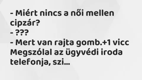 Vicc: – Miért nincs a női mellen cipzár?
– ???
– Mert van rajta… Vicc: – Miért nincs a női mellen cipzár?
– ???
– Mert van rajta…