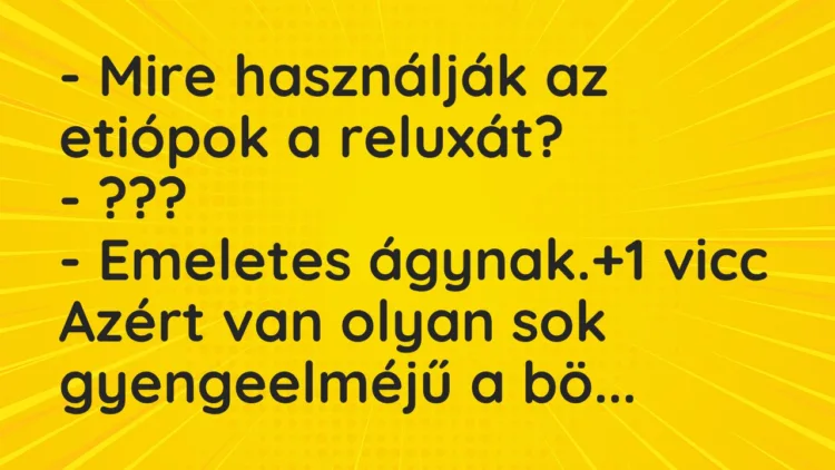 Vicc: – Mire használják az etiópok a reluxát?
– ???
– Emeletes… Vicc: – Mire használják az etiópok a reluxát?
– ???
– Emeletes…