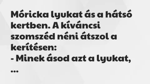 Vicc: Móricka lyukat ás a hátsó kertben. A kíváncsi szomszéd néni átszol a…