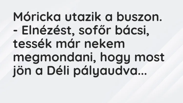Vicc: Móricka utazik a buszon.
– Elnézést, sofőr bácsi, tessék már… Vicc: Móricka utazik a buszon.
– Elnézést, sofőr bácsi, tessék már…