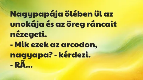 Vicc: Nagypapája ölében ül az unokája és az öreg ráncait nézegeti.
-… Vicc: Nagypapája ölében ül az unokája és az öreg ráncait nézegeti.
-…