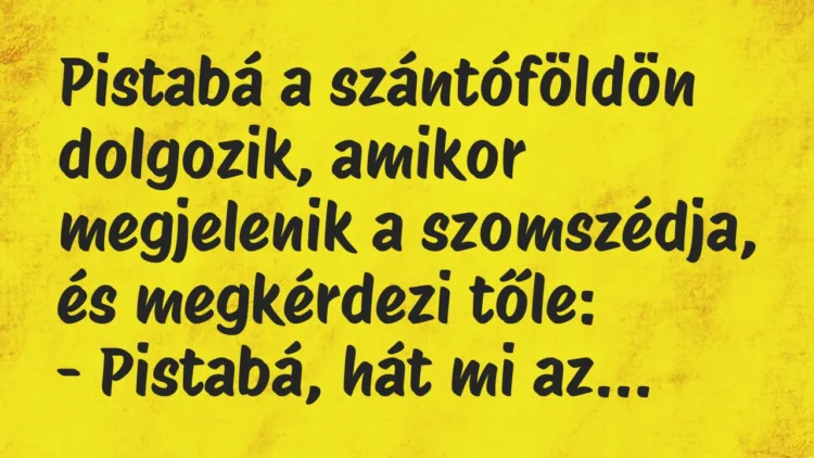 Vicc: Pistabá a szántóföldön dolgozik, amikor megjelenik a szomszédja, és megkérdezi tőle: … Vicc: Pistabá a szántóföldön dolgozik, amikor megjelenik a szomszédja, és megkérdezi tőle: …