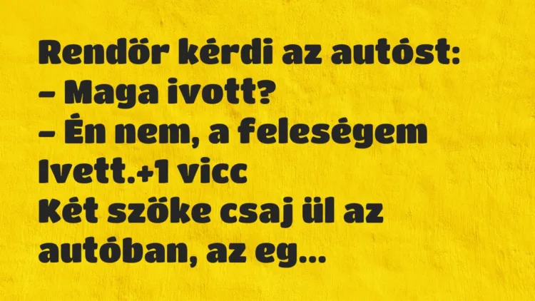 Vicc: Rendőr kérdi az autóst:
– Maga ivott?
– Én nem, a feleségem… Vicc: Rendőr kérdi az autóst:
– Maga ivott?
– Én nem, a feleségem…