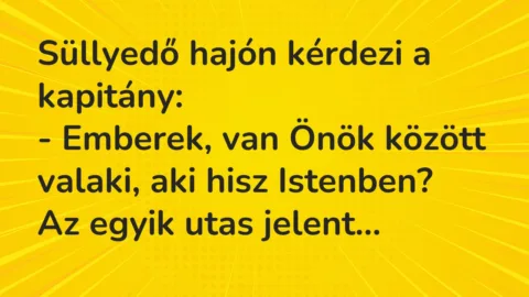Vicc: Süllyedő hajón kérdezi a kapitány:
– Emberek, van Önök között… Vicc: Süllyedő hajón kérdezi a kapitány:
– Emberek, van Önök között…