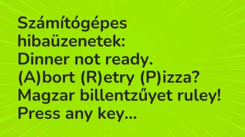 Vicc: Számítógépes hibaüzenetek:
Dinner not ready.
(A)bort (R)etry… Vicc: Számítógépes hibaüzenetek:
Dinner not ready.
(A)bort (R)etry…