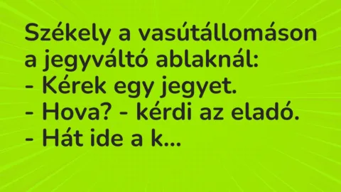 Vicc: Székely a vasútállomáson a jegyváltó ablaknál:
– Kérek egy… Vicc: Székely a vasútállomáson a jegyváltó ablaknál:
– Kérek egy…