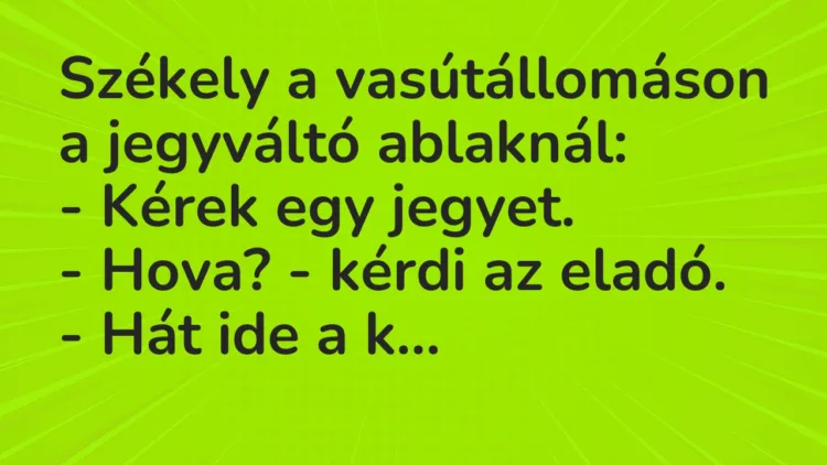 Vicc: Székely a vasútállomáson a jegyváltó ablaknál:
– Kérek egy… Vicc: Székely a vasútállomáson a jegyváltó ablaknál:
– Kérek egy…