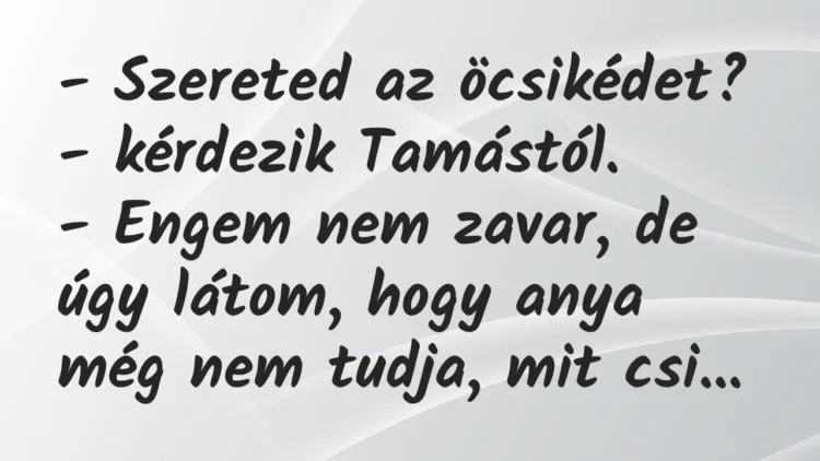 Vicc: – Szereted az öcsikédet? – kérdezik Tamástól.
– Engem nem zavar,… Vicc: – Szereted az öcsikédet? – kérdezik Tamástól.
– Engem nem zavar,…