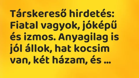 Vicc: Társkereső hirdetés:

Fiatal vagyok, jóképű és izmos. Anyagilag is…