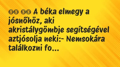 Viccek:
A béka elmegy a jósnőhöz, aki akristálygömbje… Viccek:
A béka elmegy a jósnőhöz, aki akristálygömbje…