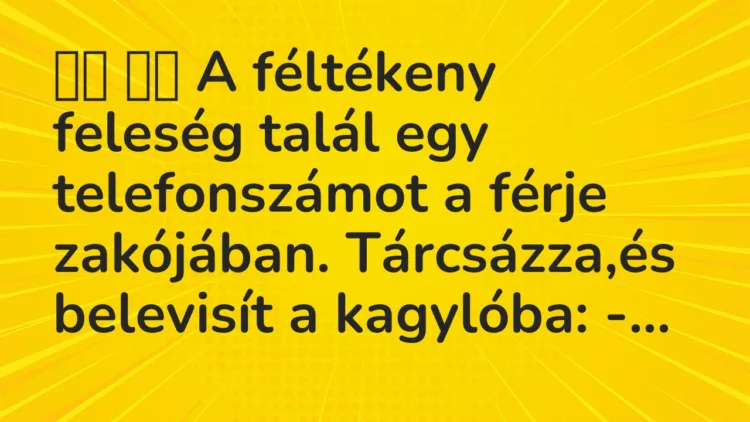 Viccek:
A féltékeny feleség talál egy telefonszámot a… Viccek:
A féltékeny feleség talál egy telefonszámot a…