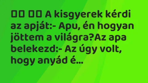Viccek:
A kisgyerek kérdi az apját:- Apu, én hogyan… Viccek:
A kisgyerek kérdi az apját:- Apu, én hogyan…