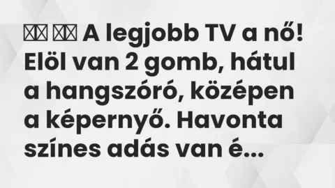 Viccek: 
		  
		  A legjobb TV a nő! Elöl van 2 gomb, hátul a…