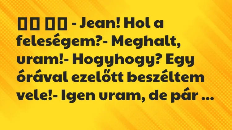 Viccek:
– Jean! Hol a feleségem?- Meghalt, uram!-… Viccek:
– Jean! Hol a feleségem?- Meghalt, uram!-…