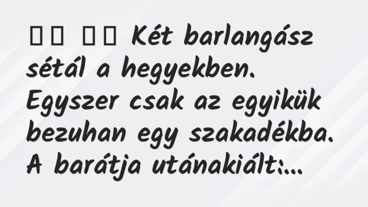 Viccek:
Két barlangász sétál a hegyekben. Egyszer csak az… Viccek:
Két barlangász sétál a hegyekben. Egyszer csak az…