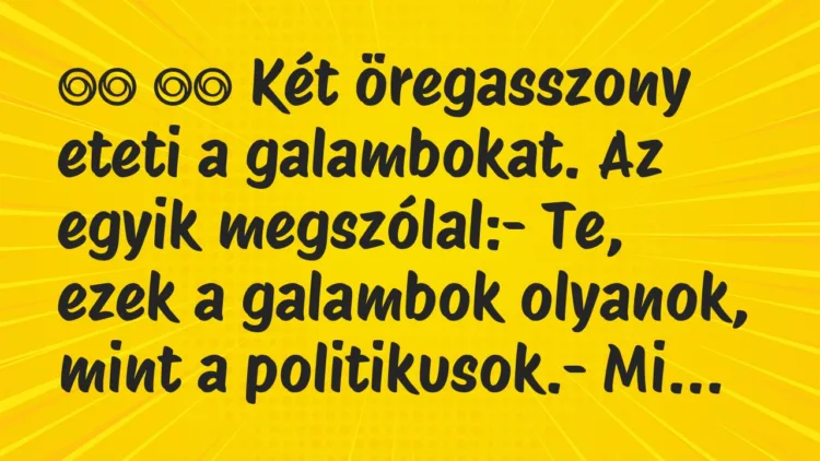 Viccek:
Két öregasszony eteti a galambokat. Az egyik… Viccek:
Két öregasszony eteti a galambokat. Az egyik…