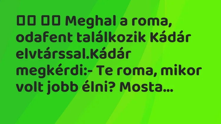 Viccek:
Meghal a roma, odafent találkozik Kádár… Viccek:
Meghal a roma, odafent találkozik Kádár…