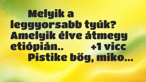 Viccek: 
		  
		  Melyik a leggyorsabb tyúk? Amelyik élve…