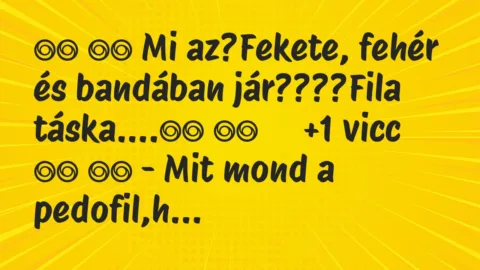 Viccek: 
		  
		  Mi az?Fekete, fehér és bandában…