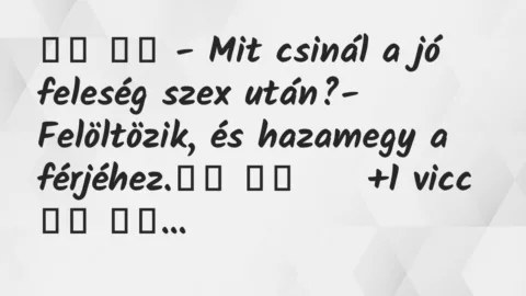 Viccek:
– Mit csinál a jó feleség szex után?-… Viccek:
– Mit csinál a jó feleség szex után?-…