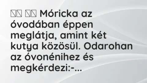 Viccek:
Móricka az óvodában éppen meglátja, amint két… Viccek:
Móricka az óvodában éppen meglátja, amint két…