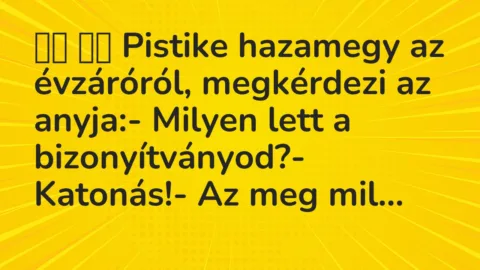 Viccek: 
		  
		  Pistike hazamegy az évzáróról, megkérdezi az…