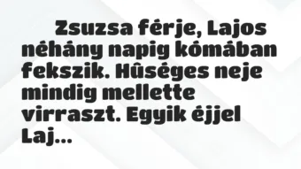 Viccek:
Zsuzsa férje, Lajos néhány napig kómában fekszik…. Viccek:
Zsuzsa férje, Lajos néhány napig kómában fekszik….