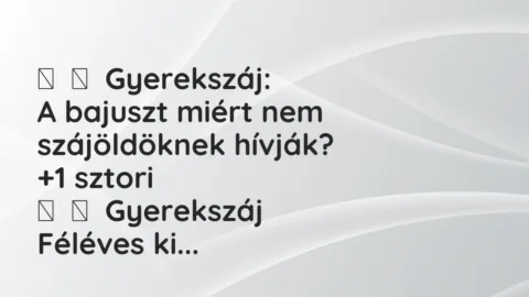 Vicces történet:
Gyerekszáj:
A bajuszt miért nem szájöldöknek… Vicces történet:
Gyerekszáj:
A bajuszt miért nem szájöldöknek…