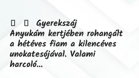 Vicces történet:
Gyerekszáj
Anyukám kertjében rohangált a hétéves fiam… Vicces történet:
Gyerekszáj
Anyukám kertjében rohangált a hétéves fiam…