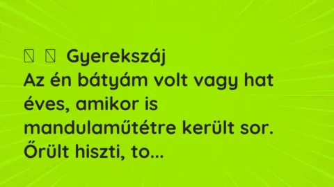 Vicces történet:
Gyerekszáj
Az én bátyám volt vagy hat éves, amikor is… Vicces történet:
Gyerekszáj
Az én bátyám volt vagy hat éves, amikor is…