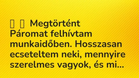 Vicces történet: 
	    	    Megtörtént


Páromat felhívtam munkaidőben. Hosszasan…